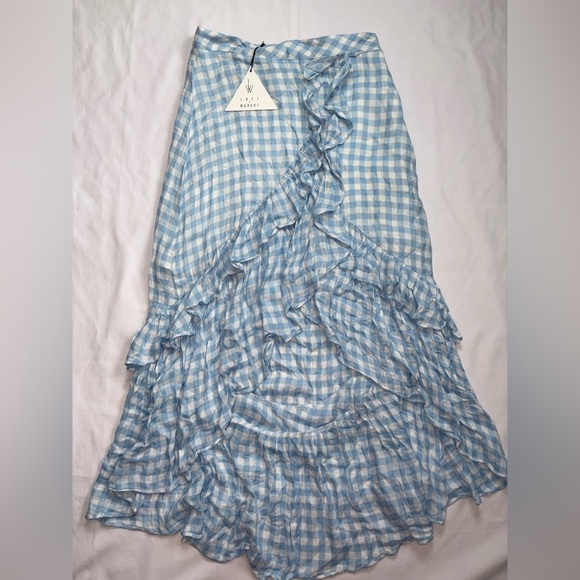 Lost + Wander NWT Size S Blue & White Gingham Boho Coquette Ruffle Midi Skirt - Picture 2 of 9